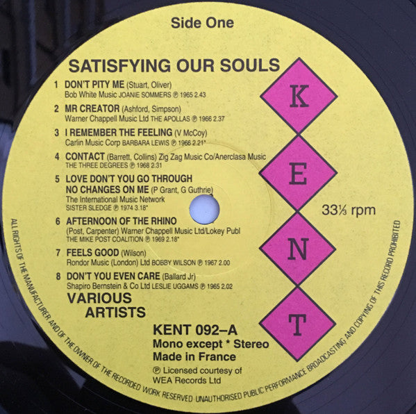 Image of Label Cover of LP - VG/VG+ - VARIOUS, Satisfying Our Souls (Kent; KENT 092, UK 1989, Picture Sleeve), light edge wear to sleeve,  - 2946149S