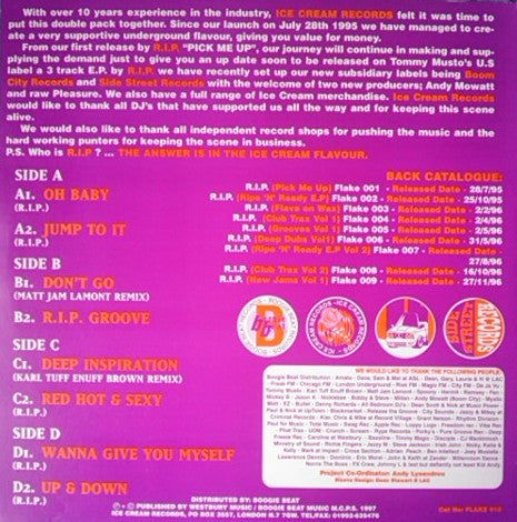 Image of Back Cover of 12" - G+/VG - R.I.P., Double 99 (Ice Cream Records ; FLAKE 010, UK 1997, Plain Sleeve, Only sides A/B in plain sleeve.), Mainly surface marks on records. Sleeve has patch of sticker damage on front. Also wear and creasing,  - 0146141S