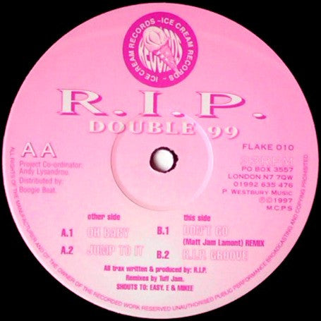Image of Label Cover of 12" - G+/VG - R.I.P., Double 99 (Ice Cream Records ; FLAKE 010, UK 1997, Plain Sleeve, Only sides A/B in plain sleeve.), Mainly surface marks on records. Sleeve has patch of sticker damage on front. Also wear and creasing,  - 0146141S