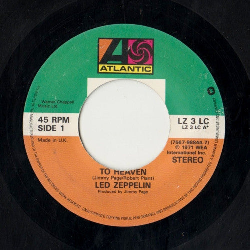 Image of Front Cover of 7" - /VG - LED ZEPPELIN, Stairway To Heaven / Whole Lotta Love  (Atlantic; LZ3LC, UK 1990, Black Die Cut Sleeve, Jukebox), Hairlines, scuffs and groove wear.,  - 1456579S