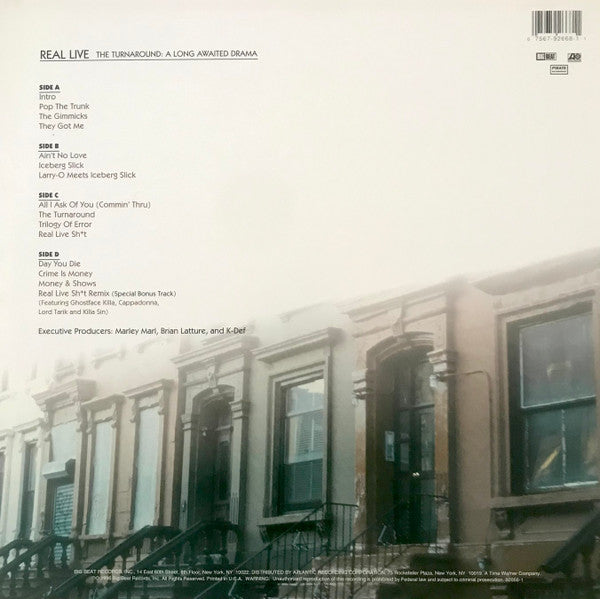 Image of Back Cover of 2xLP - G+/VG - REAL LIVE, The Turnaround: The Long Awaited Drama (Atlantic; 92668-1, US 1996), Disc one more like VG+; disc two VG. Sleeve has pinched and creased spine, edges / corners (bumped and lightly damaged). Light wear and scuffs too. No insert,  - 3616379C
