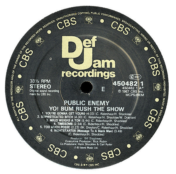 Image of Label Cover of LP - G+/G - PUBLIC ENEMY, Yo! Bum Rush The Show (Def Jam Recordings; 450482 1, UK 1987, Insert), ,  - 3826114E
