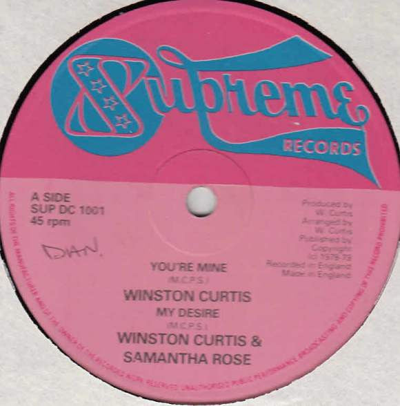Image of Front Cover of 12" - /VG - WINSTON  CURTIS / SAMANTHA ROSE, You're Mine / My Desire  (Supreme Records; SUP DC 1001, UK 1980s, Reggae Disco 45 Sleeve), Lots of light lines, plays fine. In Disco 45 sleeve.,  - 2416452C