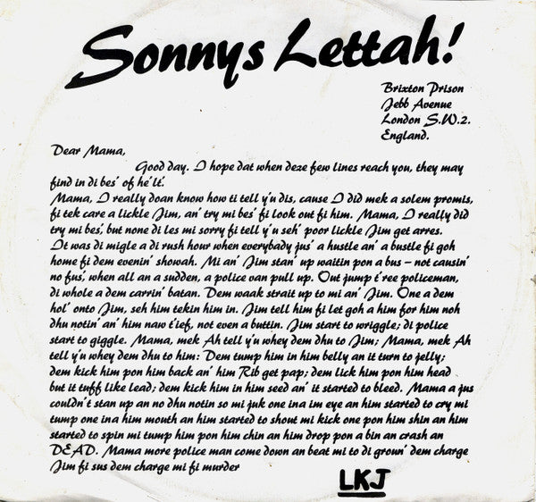 Image of Front Cover of 12" - VG/VG - LINTON KWESI JOHNSON, Sonny's Lettah! (Island Records; 12WIP 6528, UK 1979, Picture Sleeve), Light marks only, plays VG.,  - 2946076S