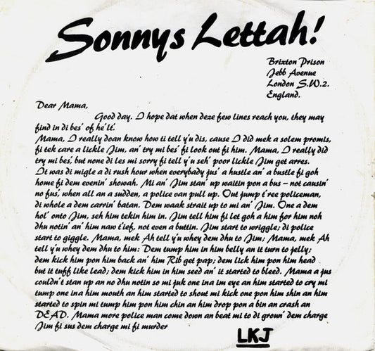 Image of Front Cover of 12" - VG/VG - LINTON KWESI JOHNSON, Sonny's Lettah! (Island Records; 12WIP 6528, UK 1979, Picture Sleeve), Light marks only, plays VG.,  - 2946076S