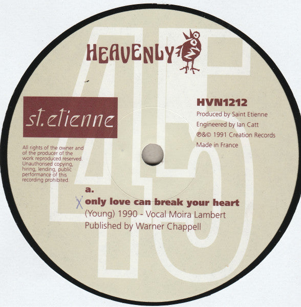 Image of Label Cover of 12" - VG/G+ - SAINT ETIENNE, Only Love Can Break Your Heart (Heavenly ; HVN1212, UK 1991), Haitlines, couple of light scratches, edge wear, old price sticker,  - 3946243S