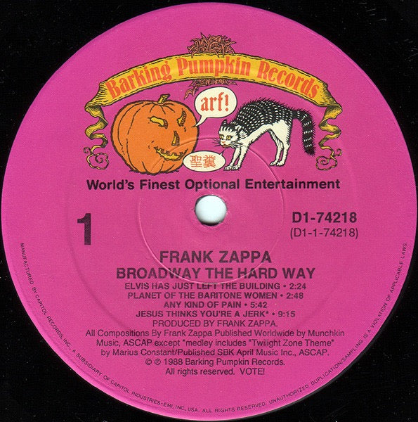 Image of Label Cover of LP - VG/VG+ - FRANK ZAPPA, Broadway The Hard Way (Barking Pumpkin Records; D1-74218, US 1988, Gatefold, Inner & Insert), ,  - 3116104C