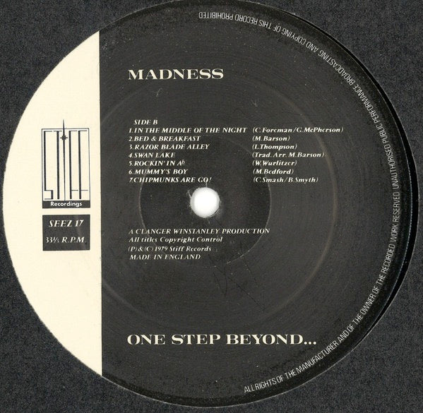 Image of Label Cover of LP - VG+/G+ - MADNESS, One Step Beyond... (Stiff; SEEZ 17, UK 1979, Inner, Repress, "Bed & Breakfast" On Labels, "Bed And Breakfast Man" On Sleeve. "Copyright Control" Publishing.), ,  - 3826071E