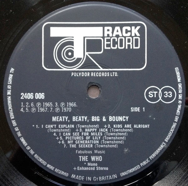 Image of Label Cover of 2844121S: LP - THE WHO, Meaty Beaty Big & Bouncy (Track; 2406006, UK 1971, Gatefold, Enhanced Stereo on A Side Label) Light marks, Slight sticker damage  VG/VG