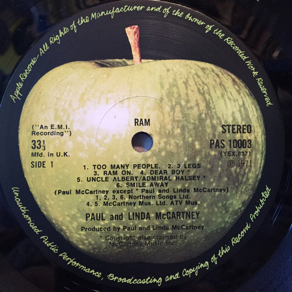 Image of Label Cover of LP - VG/VG - PAUL AND LINDA MCCARTNEY, Ram (Apple; PAS 10003, UK 1971, Fully Laminated Gatefold, McCartney Mus Publishing Credit on Label), Strong Vg - a few hairlines, edge wear,  - 2946133S
