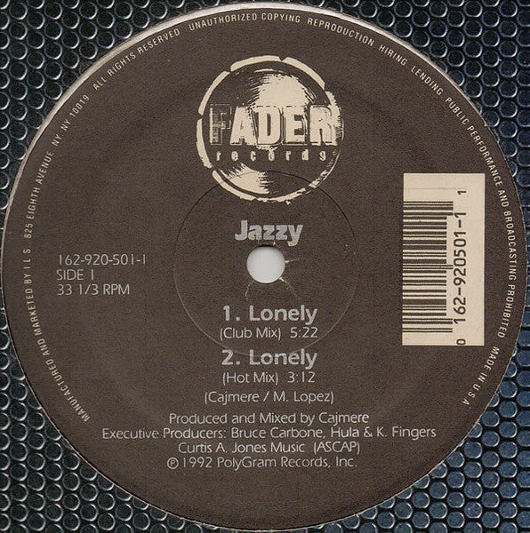 Image of Front Cover of 12" - VG/VG - JAZZY, Lonely (Fader Records; 162-920-501-1, US 1992, Company Sleeve), ,  - 2746208S