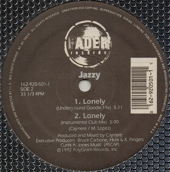 Image of Back Cover of 12" - VG/VG - JAZZY, Lonely (Fader Records; 162-920-501-1, US 1992, Company Sleeve), ,  - 2746208S