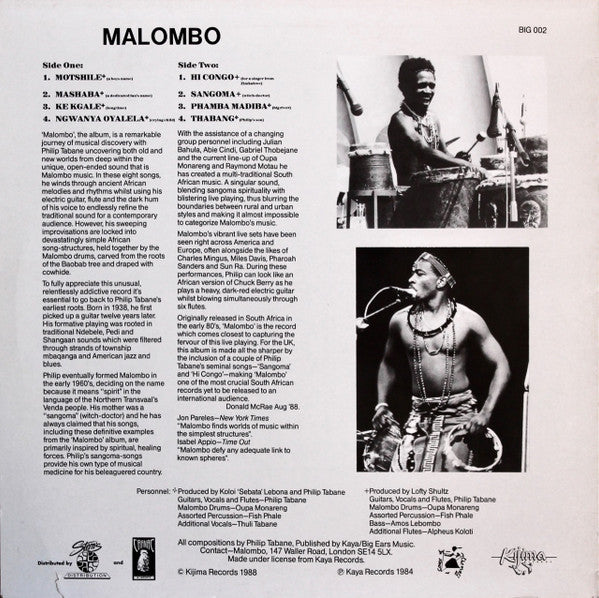 Image of Back Cover of LP - VG/VG - PHILIP TABANE AND MALOMBO, Malombo (Kijima Records; BIG 002, UK 1988), ,  - 3626114E