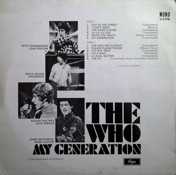 Image of Back Cover of LP - VG/VG - THE WHO, My Generation (Virgin; V2179, UK 1980 Reissue, Laminated Front Sleeve, Mono. CBS Aston Clinton Pressing. A2 Lois Publishing), Ring wear on rear sleeve.,  - 2716155C