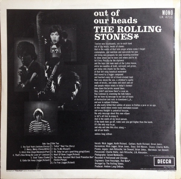 Image of Back Cover of LP - G+/G - THE ROLLING STONES, Out Of Our Heads (Decca Unboxed Red Labels With Six Credits Stacked To The Left; LK 4733, UK 1965, Laminated Front Robert Stace Sleeve, Mono, KT Tax Code), Lots of hairlines and light marks, Sleeve has creases and some laminate peeling ,  - 2516089C