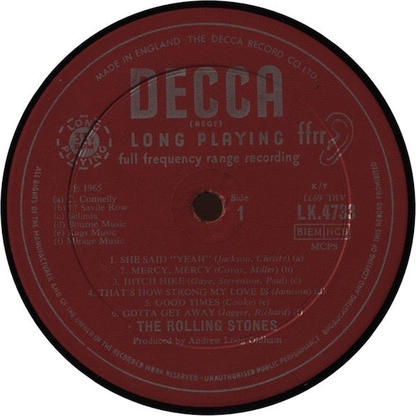 Image of Label Cover of LP - G+/G - THE ROLLING STONES, Out Of Our Heads (Decca Unboxed Red Labels With Six Credits Stacked To The Left; LK 4733, UK 1965, Laminated Front Robert Stace Sleeve, Mono, KT Tax Code), Lots of hairlines and light marks, Sleeve has creases and some laminate peeling ,  - 2516089C
