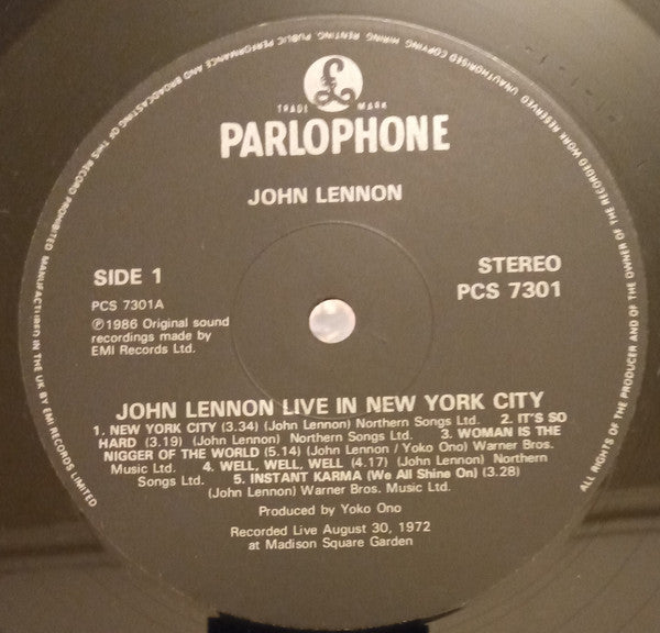Image of Label Cover of LP - VG/G+ - JOHN LENNON, Live In New York City (Parlophone; PCS7301, UK 1986, Inner,  ), ,  - 2826239E