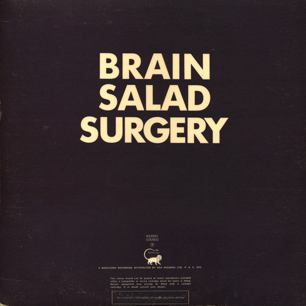 Image of Back Cover of LP - VG/VG+ - EMERSON, LAKE AND PALMER (ELP), Brain Salad Surgery (Manticore; K53501, UK 1973, Die Cut Sleeve, Poster, No 'A Warner Communications Co.' credit), Edge and Ring Wear,  - 4346025S