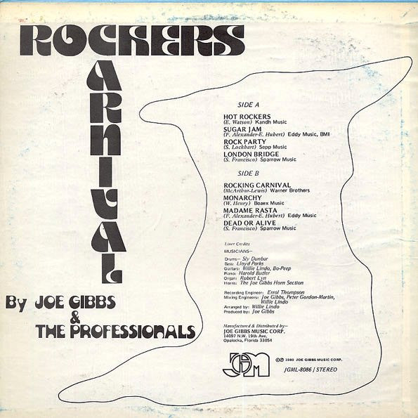 Image of Back Cover of LP - G+/VG - JOE GIBBS AND THE PROFESSIONALS, Rockers Carnival (joe gibbs music; JGML-8086, US 1980), Signs of ringwear, selotape, & writing on sleeve. Viny VG with some hairlines that don't affect play.,  - 4026364E