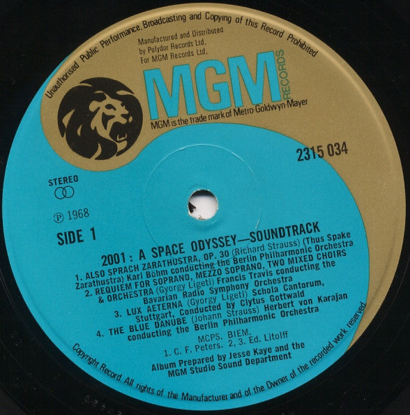 Image of Label Cover of LP - VG/VG - VARIOUS, 2001 - A Space Odyssey (MGM Blue And Gold; 2315 034, UK 1970s Reissue, Laminated Front Sleeve), Stains on Rear Sleeve,  - 2226404E