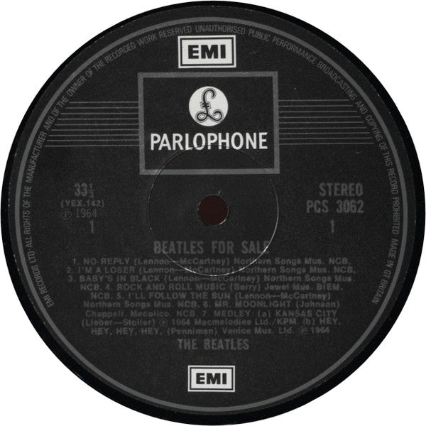 Image of Label Cover of LP - VG/G+ - THE BEATLES, Beatles For Sale (Parlophone Silver/Black - 2 EMI Boxes, EMI at Start of Label Rim; PCS 3062, UK 1976 Reissue, Inside Loading Gatefold Sleeve, Hey, Hey Hey, Hey Medley Credit), Writing inside Gatefold,  - 2826227E