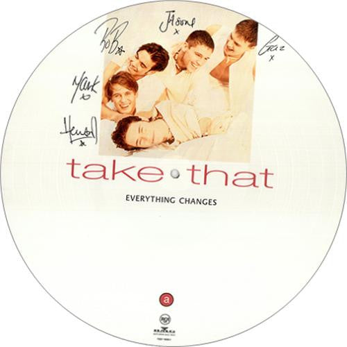 Image of Label Cover of LP - VG+/VG+ - TAKE THAT, Everything Changes (RCA; 74321 16926-1, UK 1993, Barcode Stickered PVC Sleeve, Picture Disc), Small promo sticker on sleeve.,  - 2716317C
