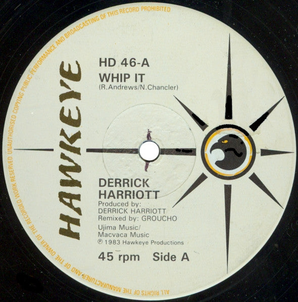 Image of Label Cover of 12" - VG/VG - DERRICK HARRIOTT, Whip It (Hawkeye; HD 46, UK 1983, Company Sleeve), Quite a few visible superficial lines, plays fine; bit of crackle on dub side. In red Hawkeye company sleeve.,  - 1816538C