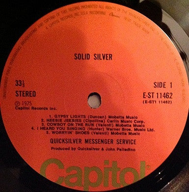 Image of Label Cover of LP - G+/VG+ - QUICKSILVER MESSENGER SERVICE, Solid Silver (Capitol; E-ST 11462, UK 1975, Insert), Staining and ring wear to sleeve.,  - 1526316E