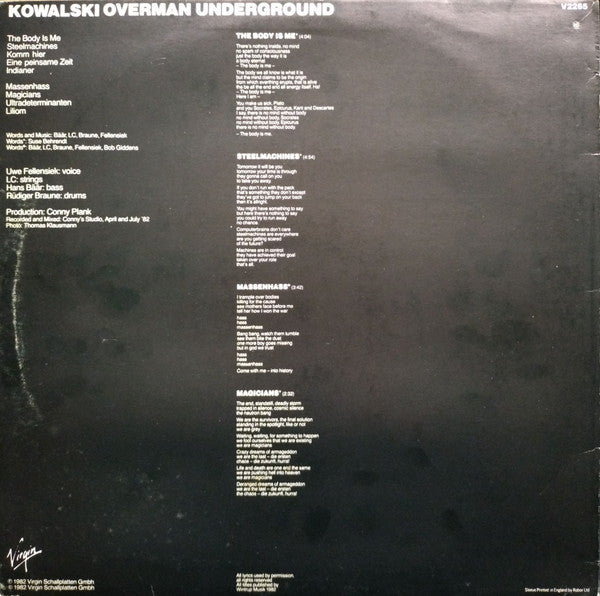 Image of Back Cover of LP - VG/VG - KOWALSKI, Overman Underground (Virgin Green/Red; V 2265, UK 1983), ,  - 2716427C