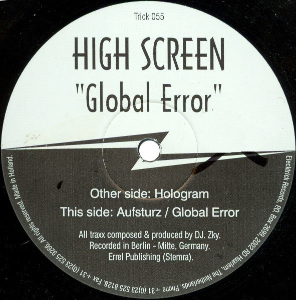 Image of Front Cover of 12" - /VG - HIGH SCREEN , Global Error (Elecktrick; TRICK 055, Netherlands 1995), Record warped but plays through fine. Light marks, A		HologramB1		AufsturzB2		Global Error - 4316445C