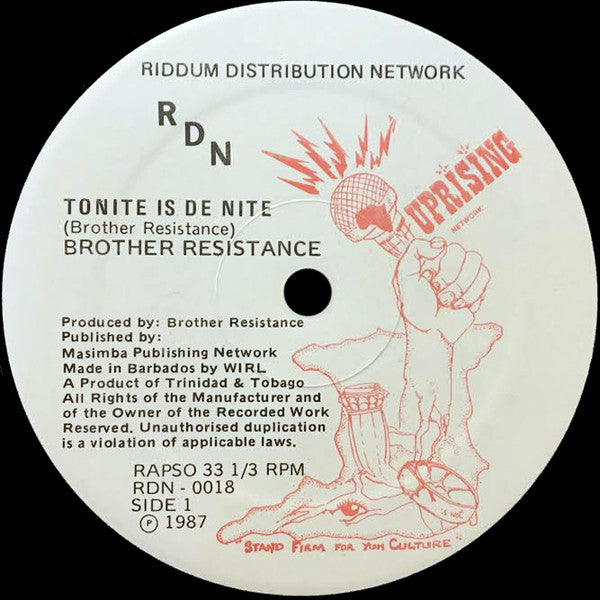 Image of Label Cover of 12" - VG/VG+ - BROTHER RESISTANCE, Tonite Is De Nite (Riddum Distribution Network; RDN 0018, US 1987, Picture Sleeve), Shiny clean EX copy. Stamp on label. Sleeve shows ringwear, SWOC.,  - 4026163E