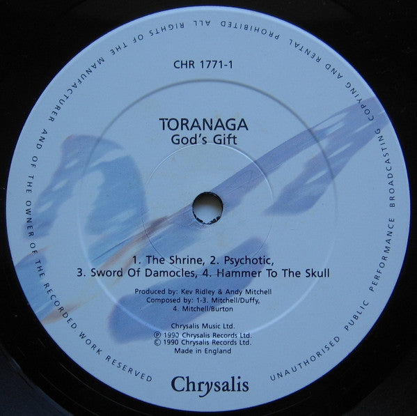 Image of Label Cover of LP - VG+/VG - TORANAGA, God's Gift (Chrysalis; CHR 1771, UK 1990, Inner), ,  - 1626097E