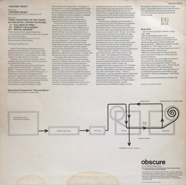 Image of Back Cover of LP - VG/VG - BRIAN ENO, Discreet Music (Obscure; OBS 3, UK 1980s Reissue, EG BOX Stamped on Reverse, EG Editions LP in Obscure Sleeve), Some Surface Noise, Edge and Ring Wear,  - 3826163E