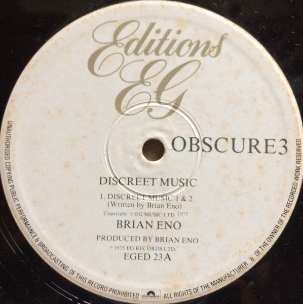 Image of Label Cover of LP - VG/VG - BRIAN ENO, Discreet Music (Obscure; OBS 3, UK 1980s Reissue, EG BOX Stamped on Reverse, EG Editions LP in Obscure Sleeve), Some Surface Noise, Edge and Ring Wear,  - 3826163E