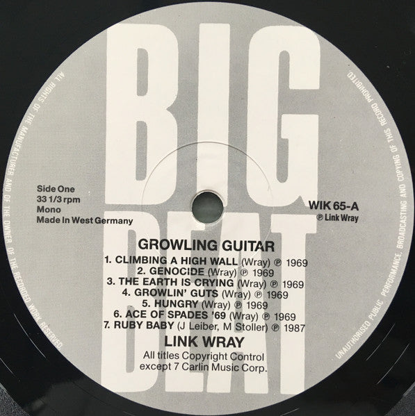 Image of Label Cover of 3715092C: LP - LINK WRAY, Growling Guitar  (Big Beat Records  ; WIK 65 , UK 1987)   VG/VG+