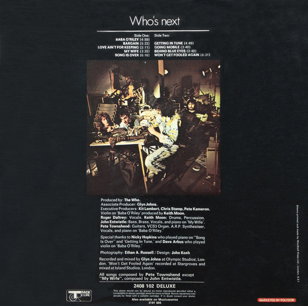 Image of Back Cover of LP - VG/VG - THE WHO, Who's Next (Track; 2408102, UK 1974 Reissue, A//4 B//3 BILBO Runouts, Sleeve Printed By MacNeill Press Ltd., London, S.E.1.), Hairlines, edge & ring wear,  - 3646232S