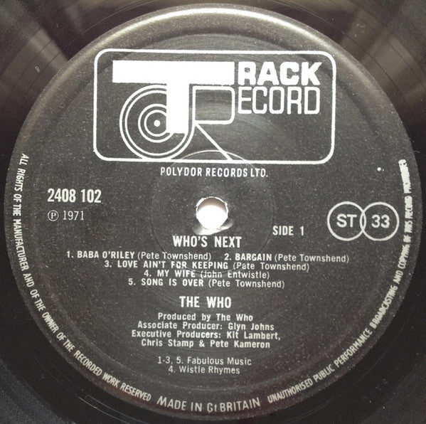Image of Label Cover of LP - VG/VG - THE WHO, Who's Next (Track; 2408102, UK 1974 Reissue, A//4 B//3 BILBO Runouts, Sleeve Printed By MacNeill Press Ltd., London, S.E.1.), Hairlines, edge & ring wear,  - 3646232S