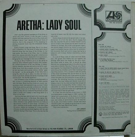 Image of Back Cover of LP - VG/G+ - ARETHA FRANKLIN, Lady Soul (Atlantic Plum & Orange; 588 099, UK 1968, Laminated Front Sleeve, Stereo), Marks on disc. Plays well. Wear to sleeve mith multiple light creases and evidence of previous price sticker.,  - 3326271E