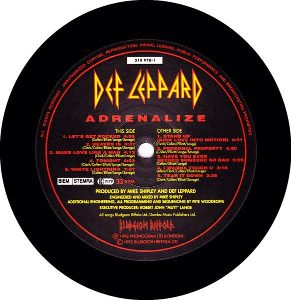 Image of Label Cover of LP - VG+/VG - DEF LEPPARD, Adrenalize (Bludgeon Riffola; 510 978-1, UK 1992, Inner), ,  - 3926272E