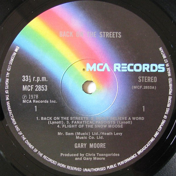 Image of Label of 3614238C: LP - GARY MOORE, Back On The Streets (MCA Records; MCF 2853, UK 1978, Laminated Sleeve, Inner) Strong VG  VG/VG