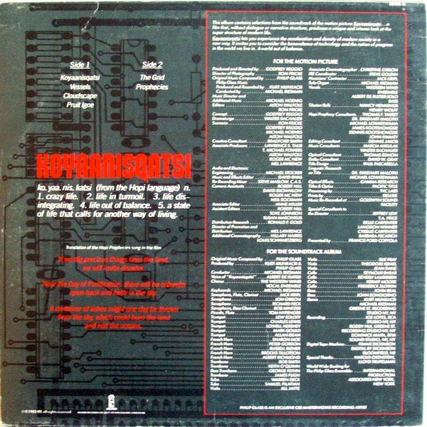 Image of Back Cover of LP - VG/G+ - PHILIP GLASS, Koyaanisqatsi (Original Soundtrack Album From The Film) (Island Visual Arts Black Labels; ISTA 4, UK 1987 Reissue), ,  - 2616362C