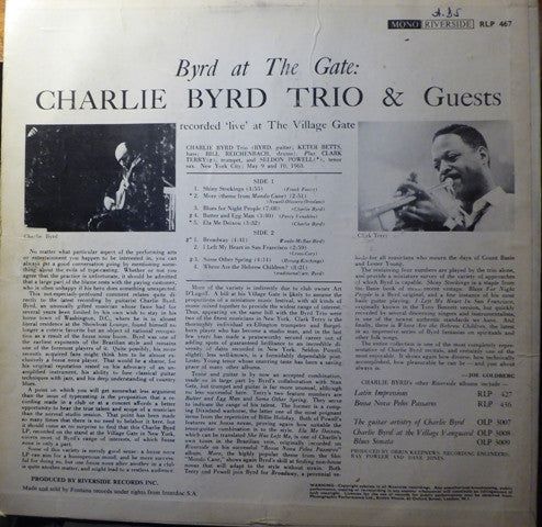 Image of Back Cover of LP - VG+/VG - CHARLIE BYRD TRIO AND GUESTS, Byrd At The Gate (Riverside Records; RLP 467, UK 1964), ,  - 1726076E