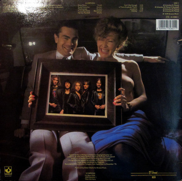 Image of Back Cover of LP - VG/G+ - SCORPIONS, Lovedrive (Fame ; FA4130801, UK 1980s Reissue), Strong G+, hairlines on disc only. Label variation - has Fame/EMI logos and no gridlines, but matrix runouts match this version. ,  - 2326265E