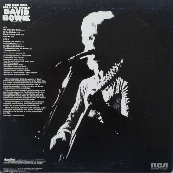Image of Back Cover of LP - G+/VG+ - DAVID BOWIE, The Man Who Sold the World (RCA; LSP-4816, US 1972 Reissue, Inner, No Poster, Dynaflex, Indianapolis Pressing), Edge and ring wear. Small split on inner. Pen mark engraving on rear cover with name.,  - 4246109S