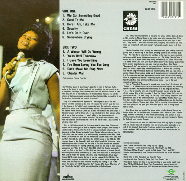 Image of Back Cover of LP - VG+/EX - IRMA THOMAS, Down At Muscle Shoals (Chess; GCH 8104, Italy 1980s Reissue, Picture Sleeve, Stereo), Light ringwear on sleeve.,  - 3946206S