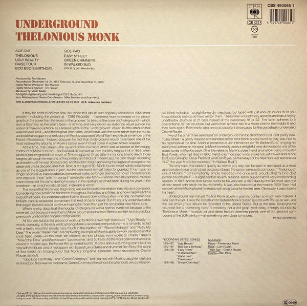 Image of Back Cover of LP - VG/VG+ - THELONIOUS MONK, Underground (CBS; CBS 46066, Europe 1987 Reissue, Company Inner), ,  - 3626380E