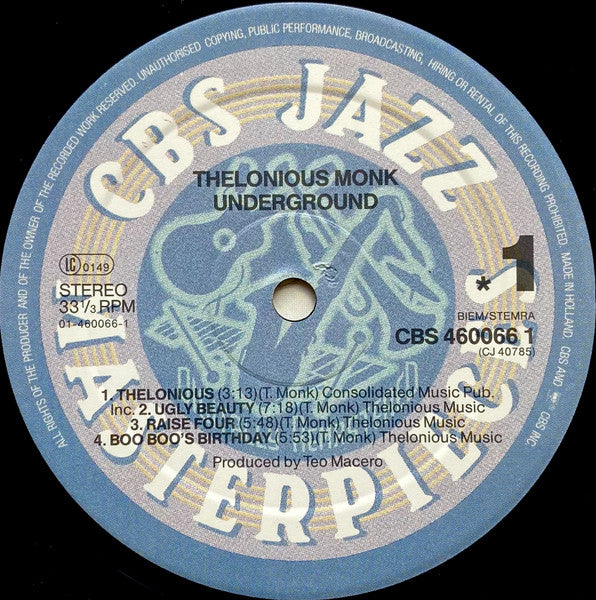 Image of Label Cover of LP - VG/VG+ - THELONIOUS MONK, Underground (CBS; CBS 46066, Europe 1987 Reissue, Company Inner), ,  - 3626380E