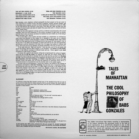 Image of Back Cover of LP - VG+/VG - BABS GONZALES, Tales Of Manhattan: The Cool Philosophy Of Babs Gonzales (Jaro; Jam 5000, US 2004 Reissue, Mono), ,  - 3426044E