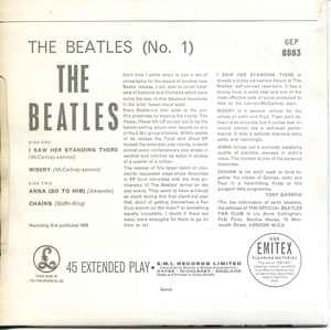 Image of Back Cover of 4014211C: 7" EP - THE BEATLES, The Beatles No. 1 (Parlophone Black/Yellow; GEP 8883, UK 1978 Reissue, Picture Sleeve, Mono, Third Pressing. "EMI..." Rim Text)   VG/VG