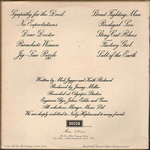 Image of Back Cover of 2924063E: LP - THE ROLLING STONES, Beggars Banquet (Decca Red Unboxed; LK4955, UK 1968, Laminated Gatefold Sleeve, Mono, Inverted Matrix Not In Brackets, Side Indicators To Left of Spindle Hole)   VG/G+